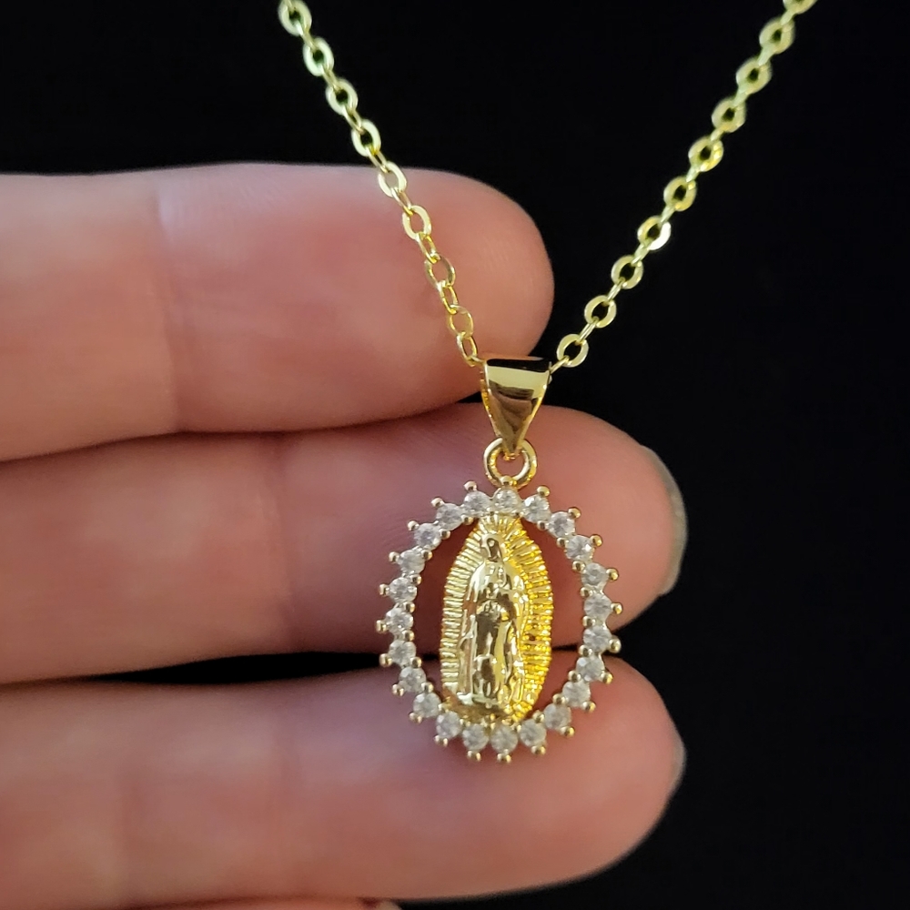 Gold Virgin Mary Pendant Necklace, Pendant Size Half Inch, Chain 9 Inch